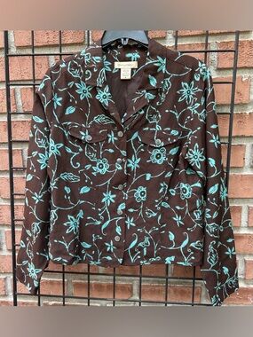 Tracy Porter Brown Blouse with Turquoise Floral Print Silk